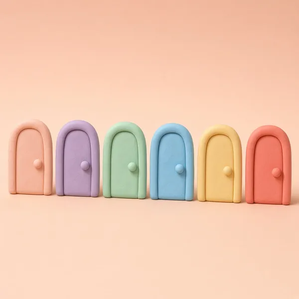 Seis puertas de plastilina en tonos pastel, en fila
